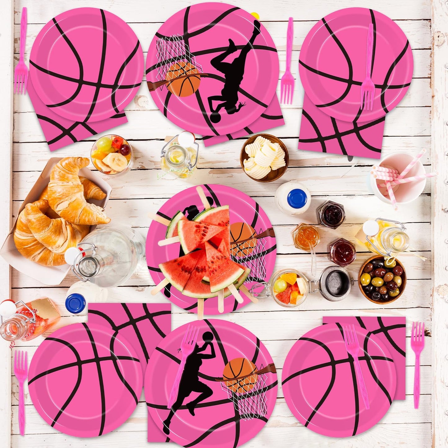 Gisgfim 96 Pcs Pink Basketball Party Supplies Paper Plates Napkins Basketball Sport Theme Birthday Party Tableware Decorations F