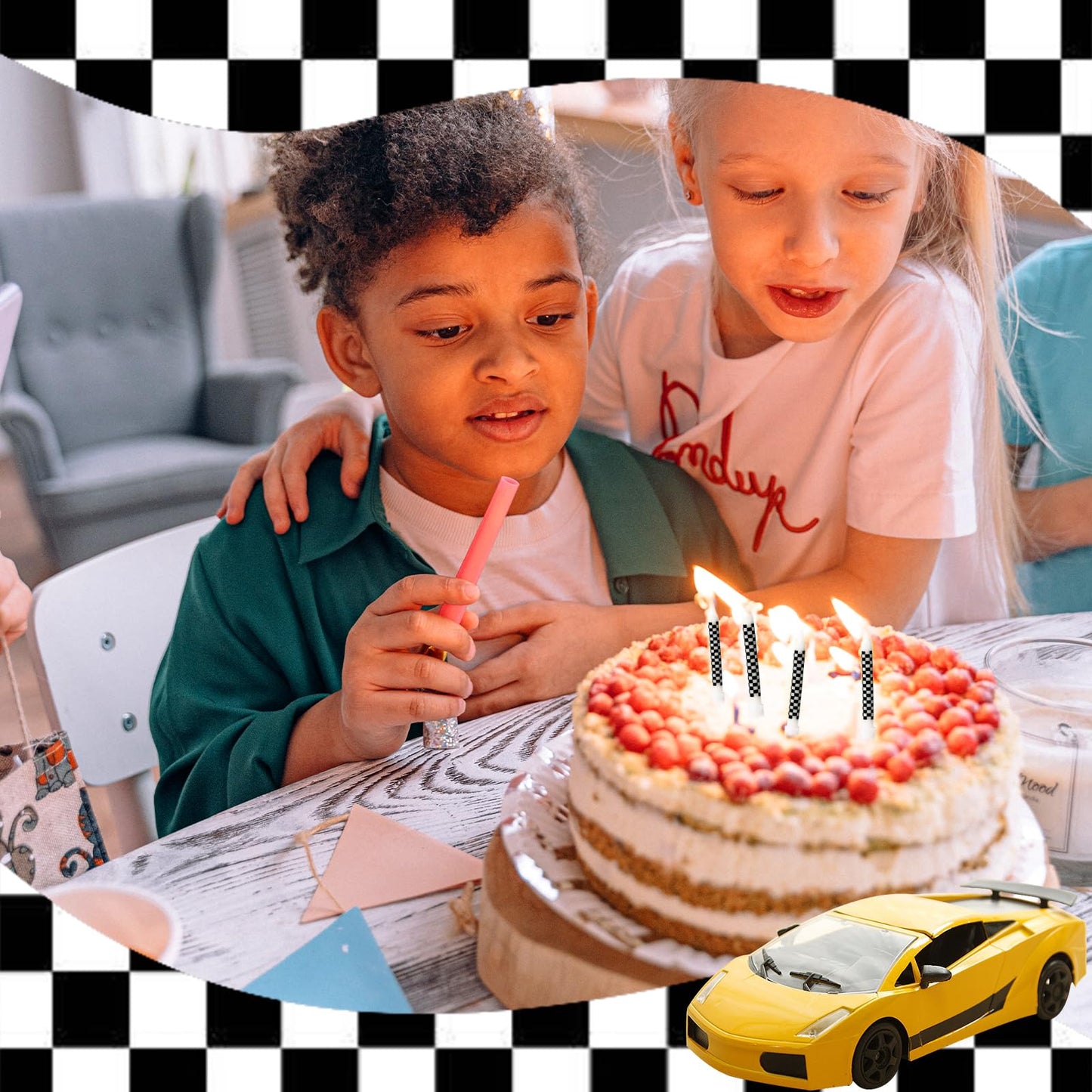 12pcs Racing Cars Themed Birthday Sparkler Candles, Black and White Checkered Flag Birthday Cake Candles Cake Topper Candle Birt