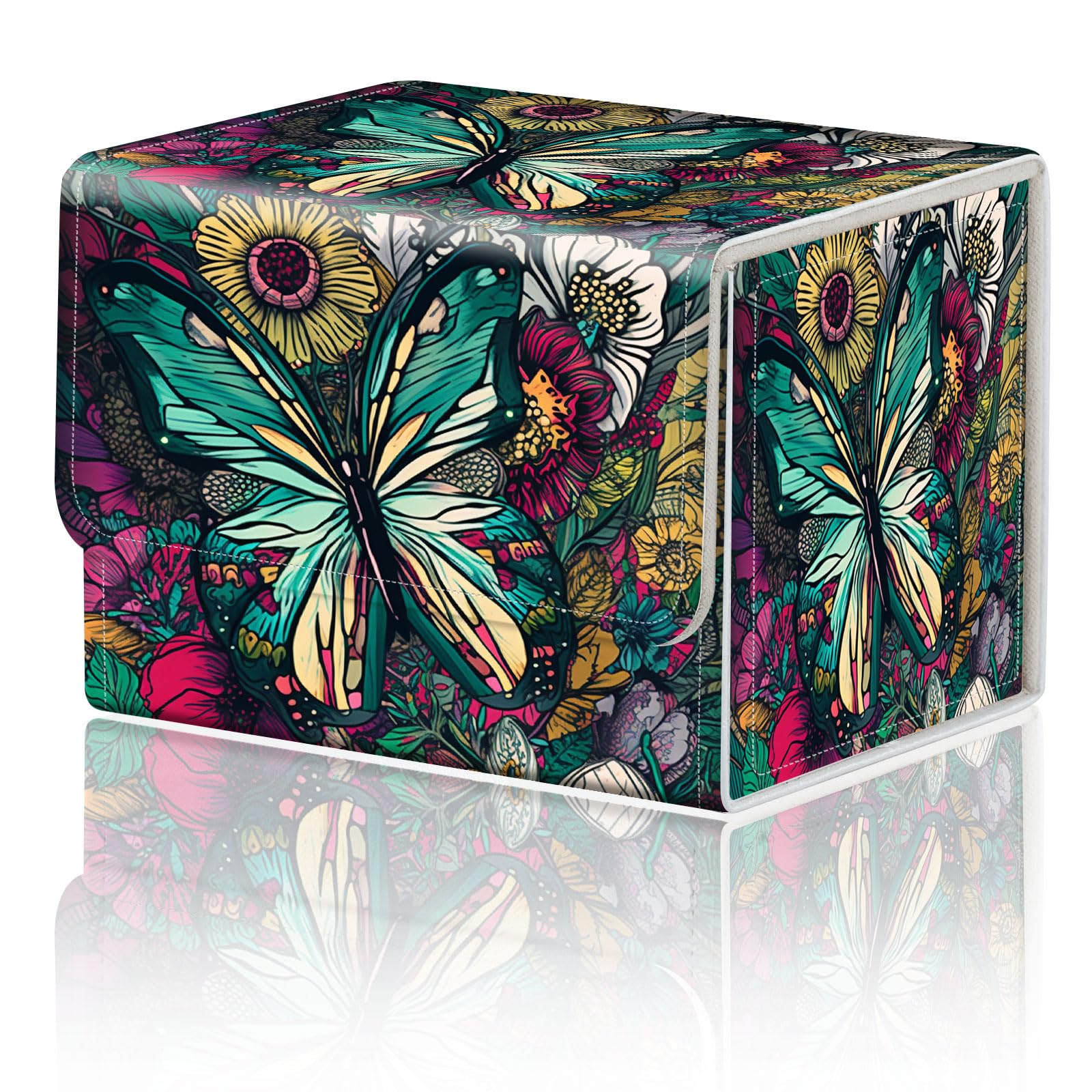 Card Game Storage TCG Deck Box MTG Organizer Trading Card Case Storage Box Magnetic Closure Creative Pattern Up to 200 Cards  Colorful Flowers Butterflies