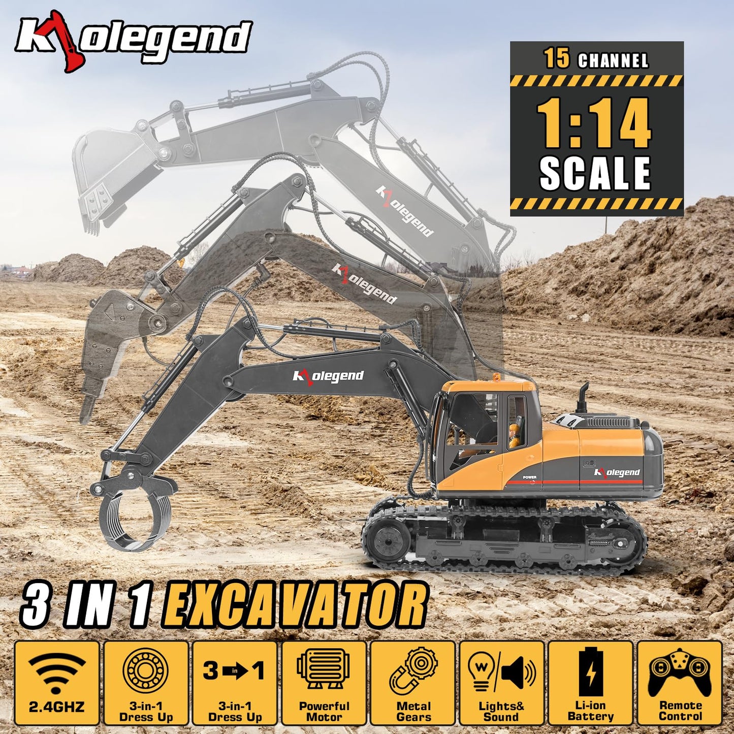 kolegend 1/14 Scale 3 in 1 Remote Control Excavator Toy, Metal, Yellow/Black, Model k103, Full Functional with Tools