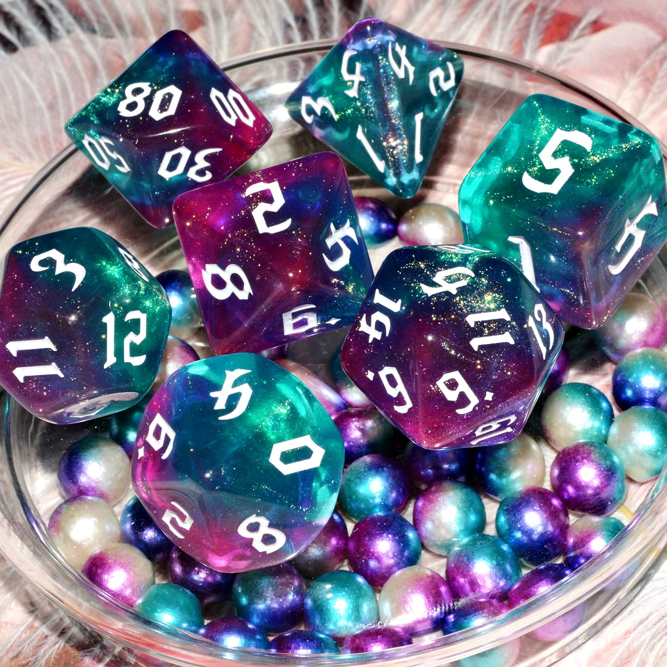 Galaxy Dice Set| Dark Green Mix Purple Crystal DND Dice Set for Board Game