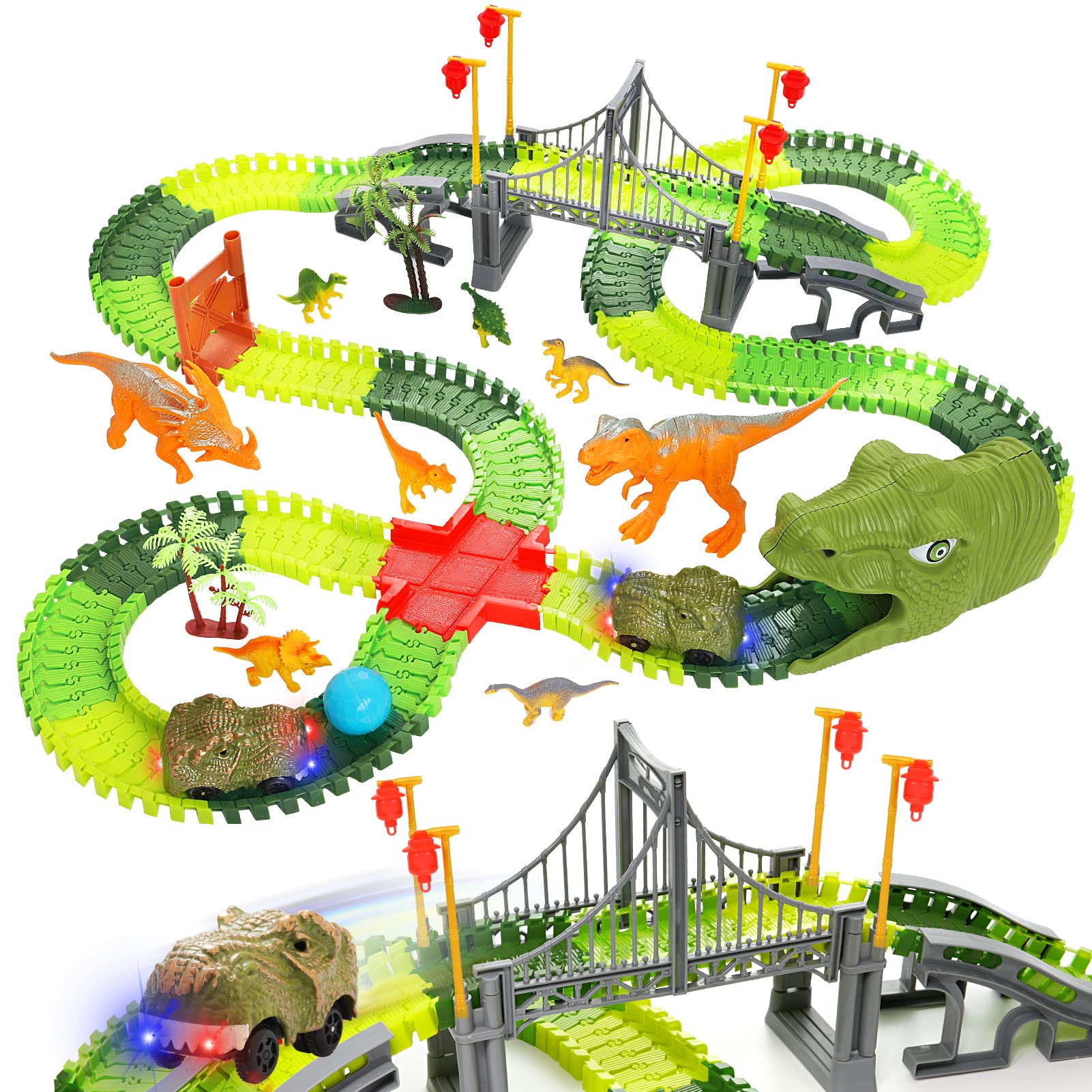 BEMITON Dinosaur Toys Race Car Track, Create a Dinosaur World Road Race, Flexible Dinosaur Track Toys Set 273+ Pcs Christmas Bir