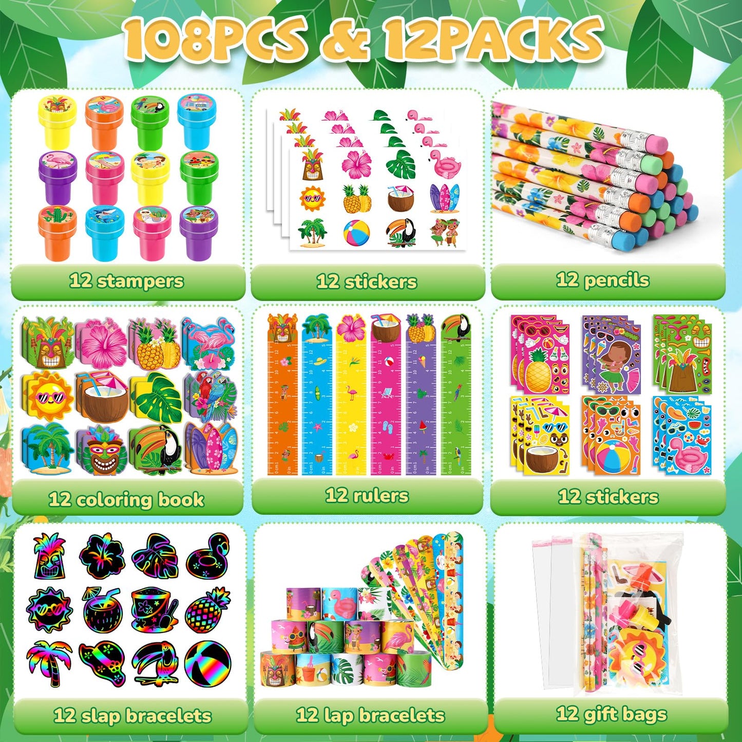 BenLouis Hawaiian Luau Party Favors Set - 108 Pcs Tropical Tiki Theme Goodie Bag Stuffers for Kids Birthday Pool School Classroom
