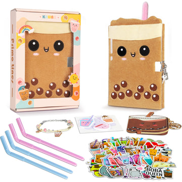 Gift Kit for Girls, Diary with Lock and Key,Boba Tea Plush Journal for Teen Girls,fuzzy diary for girls,Kawaii Birthday Gift Set