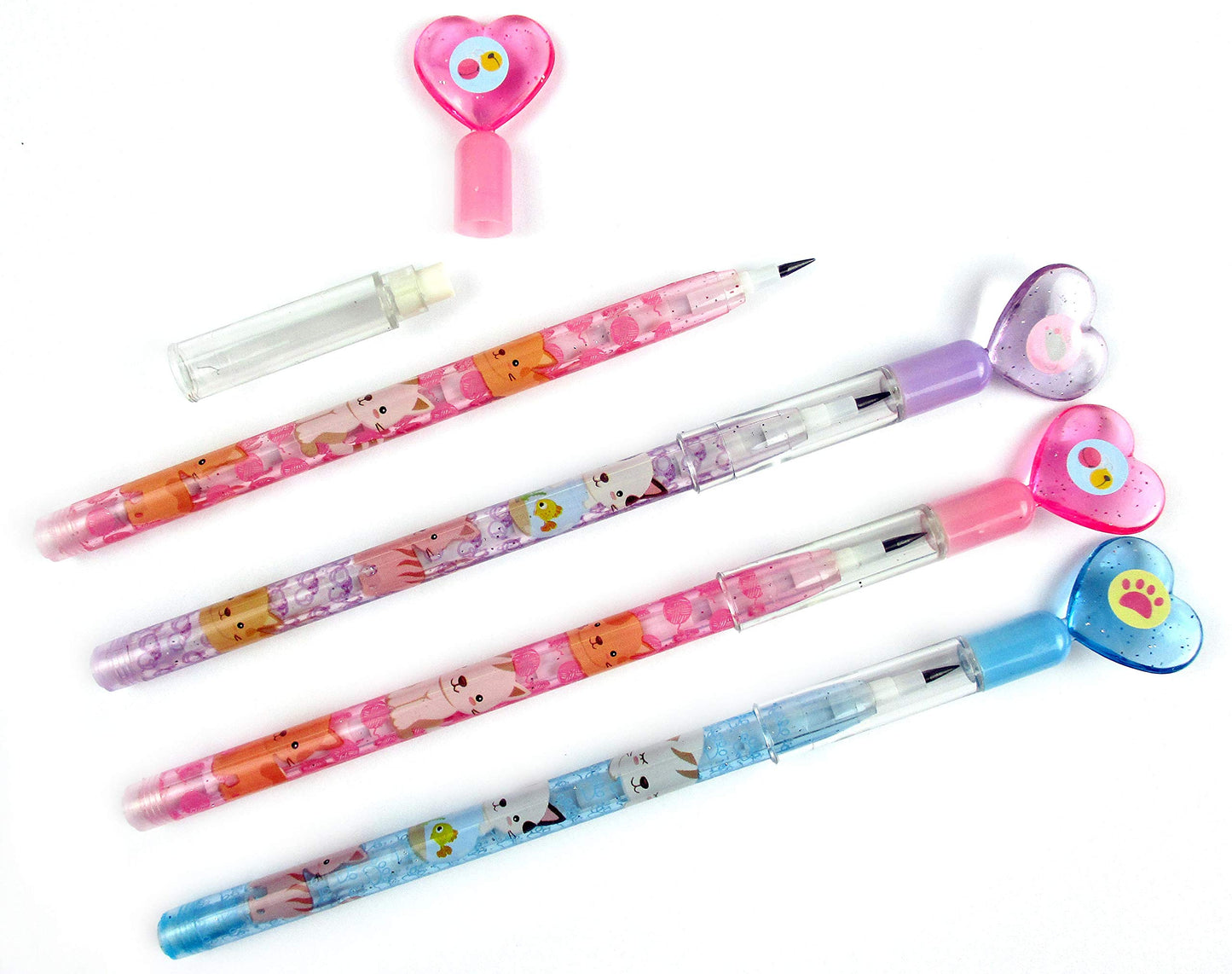 TINYMILLS 24 Pcs Cats Kittens Multi Point Stackable Push Pencil Assortment with Eraser for Kittens Birthday Party Favor Prize Ca