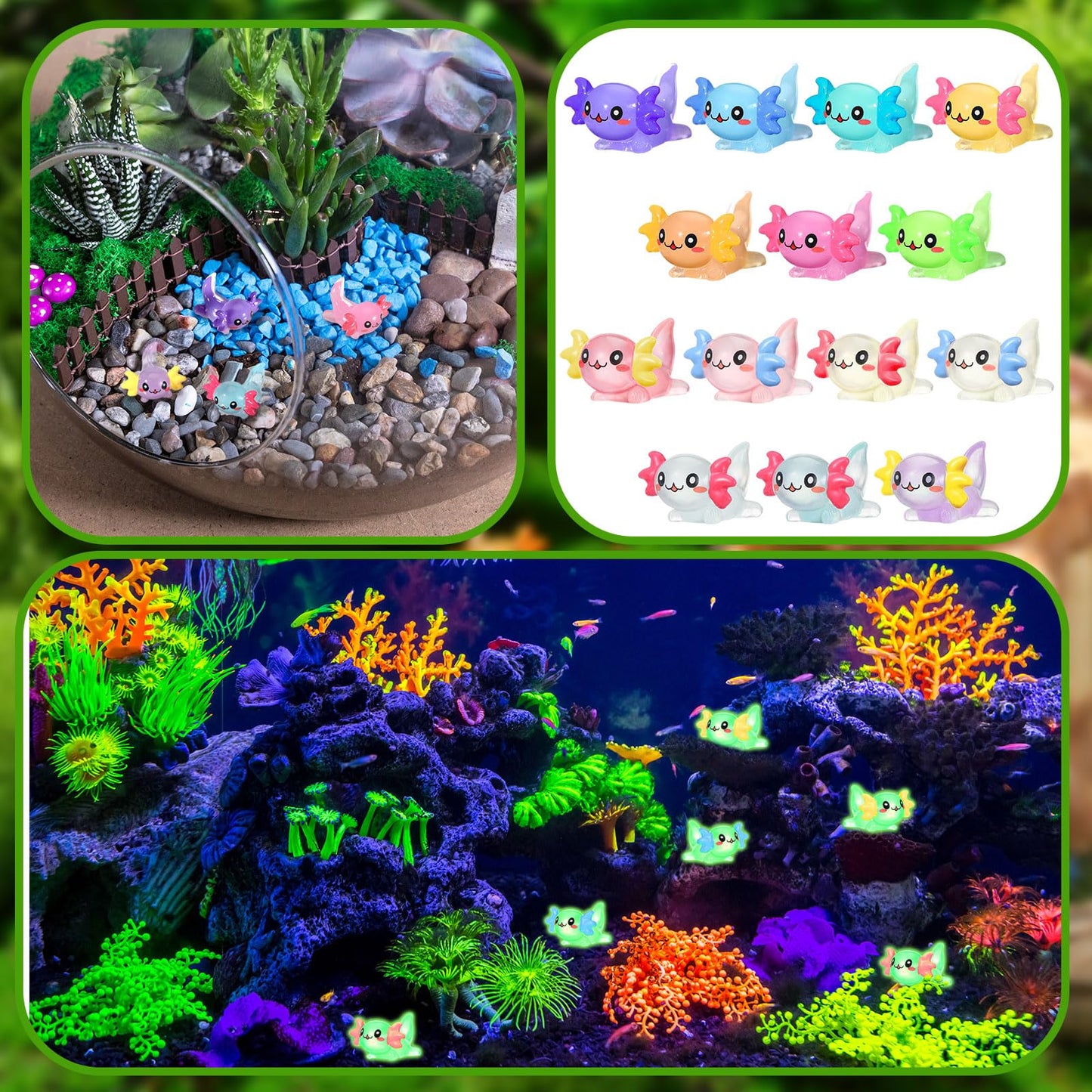 Sonwyoung Mini Axolotl Figures - 49 Pcs, 14 Colors, Glow in the Dark Resin Charms for DIY Garden Dollhouse Decoration