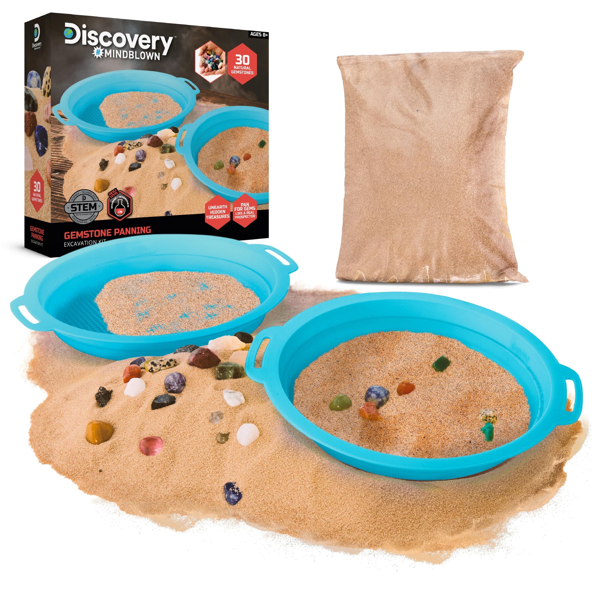 Discovery Gemstone Panning Stem Kit - Pan For 30 Real Gems| 2 Sifting Pans, Sand & Learning Guide| Educational Science Activity