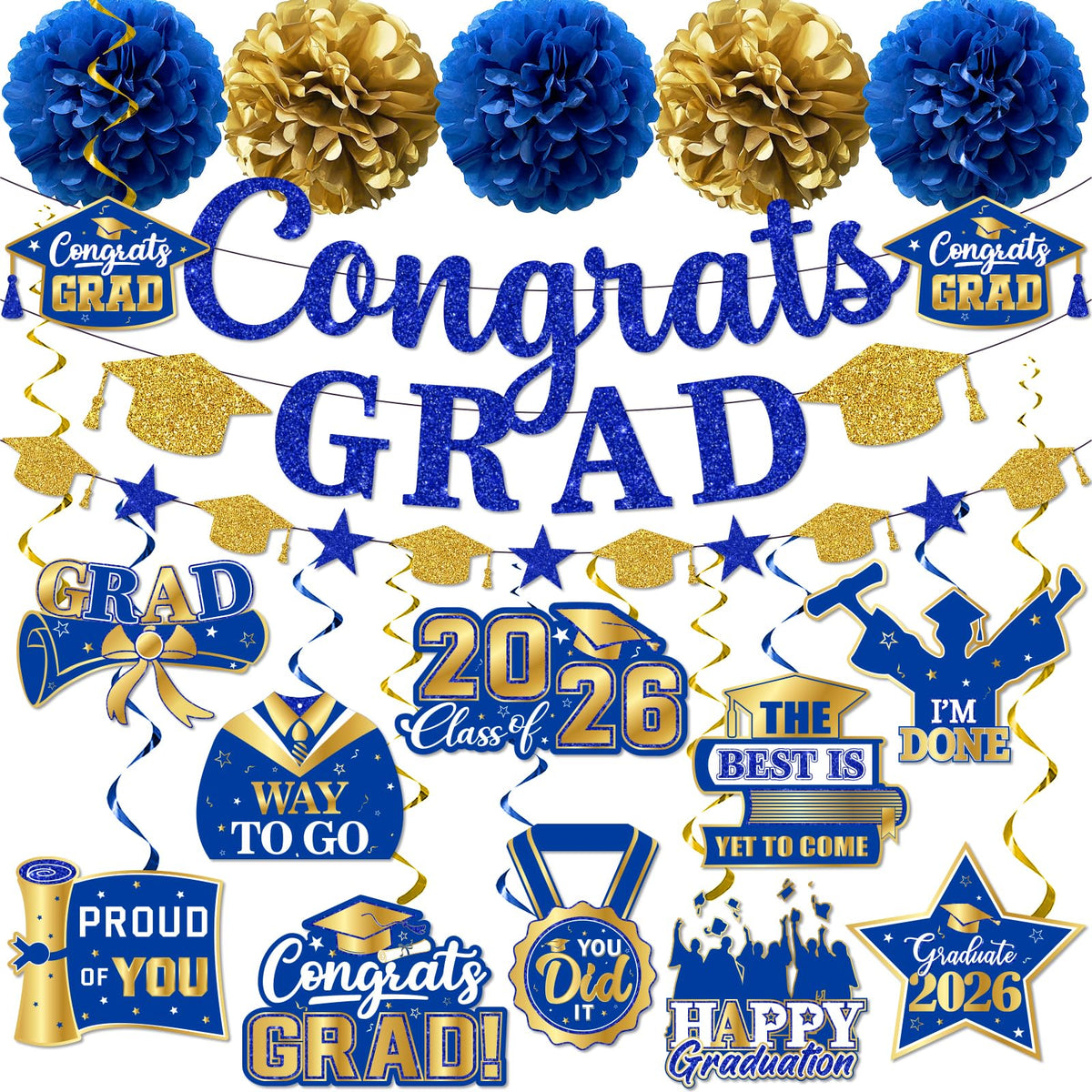 Graduation Party Decorations ,Graduation Banner and Hanging Swirl (Blue & Gold)