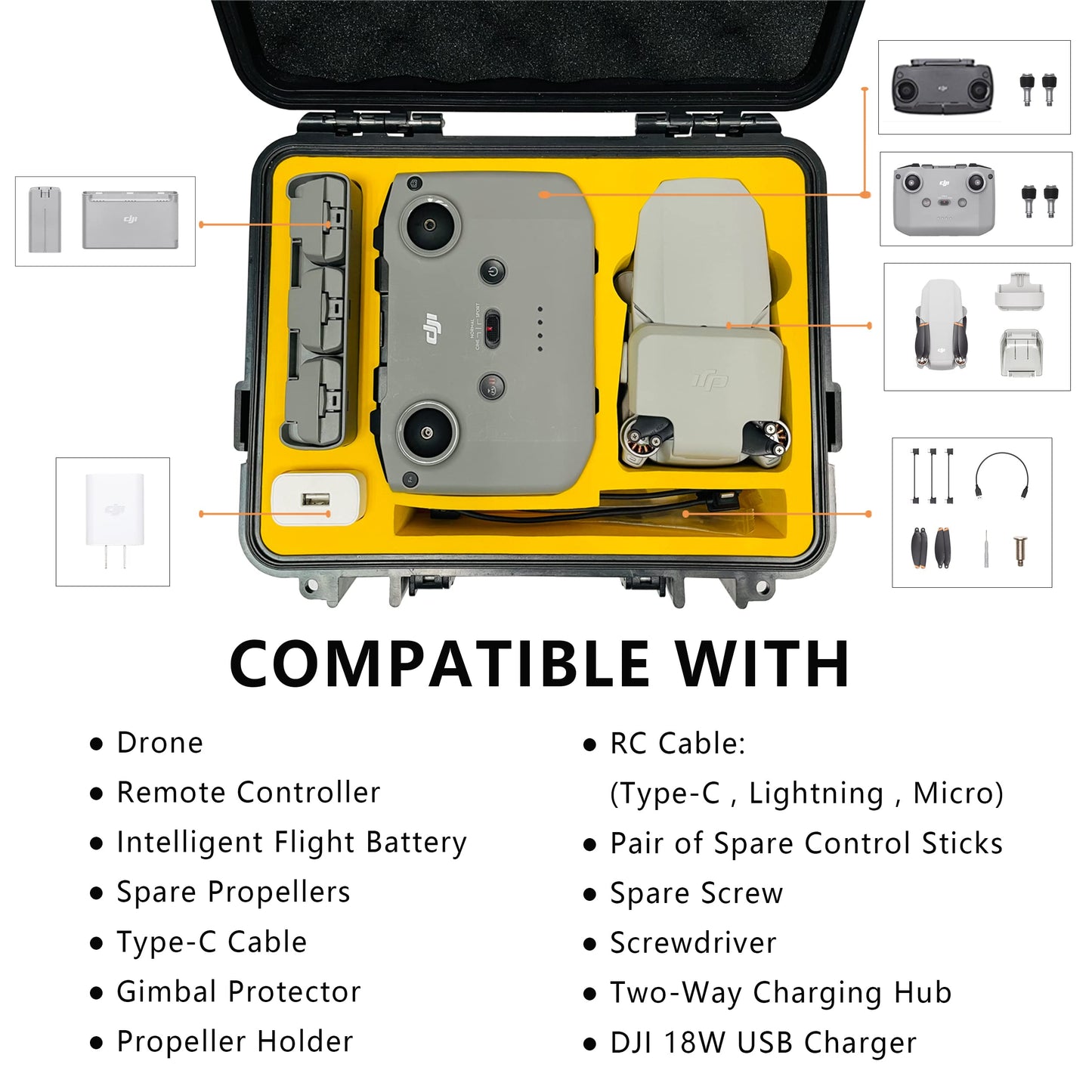 Judunmsk Waterproof Hard Case for DJI Mini 2 SE/4K - Compact, Portable, Black+Yellow, Durable ABS