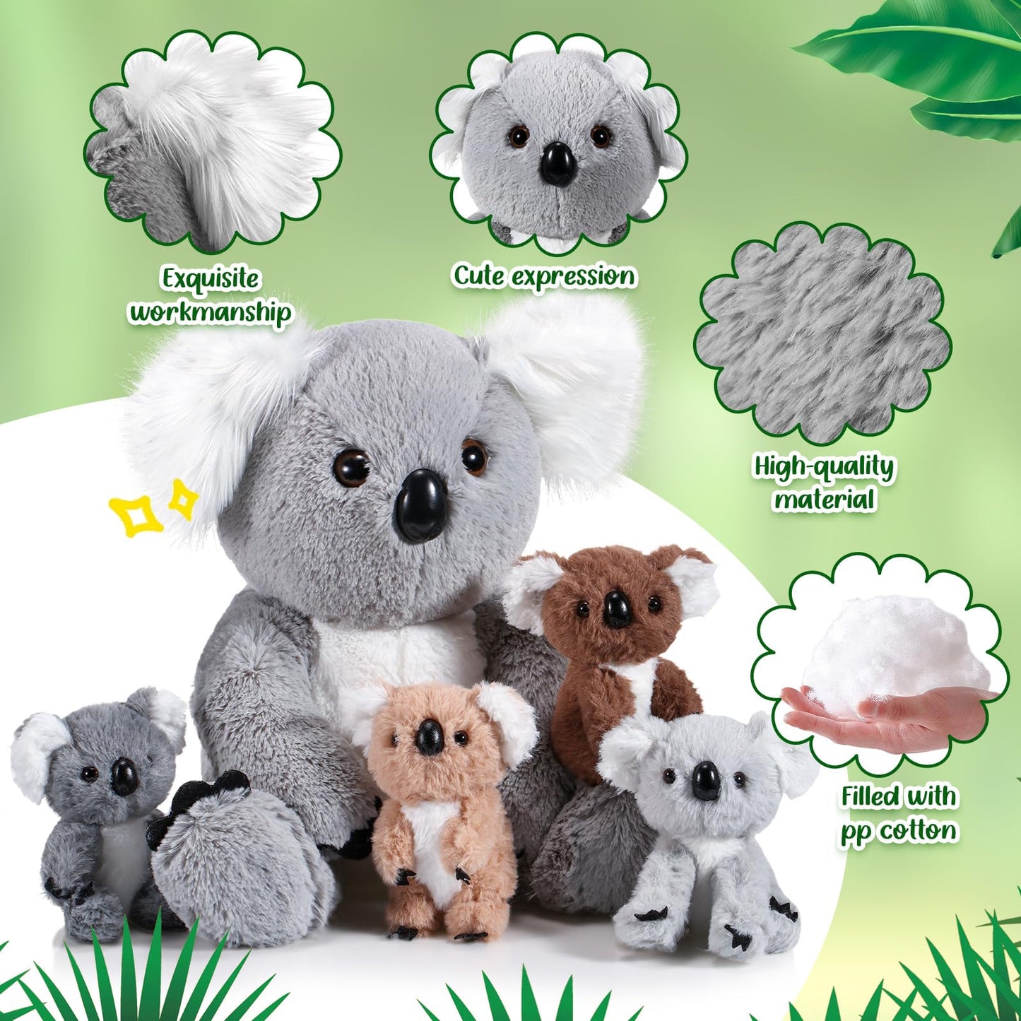 Lenwen 5 Pcs Koala Bear Stuffed Animal Set 12.6 Inch Mommy Koala Plush With 4 Cute Babies In Her Zippered Tummy Soft Cuddly Nursery Koala Plushie For Boys Girls Birthday Baby Shower Party Favor Gifts