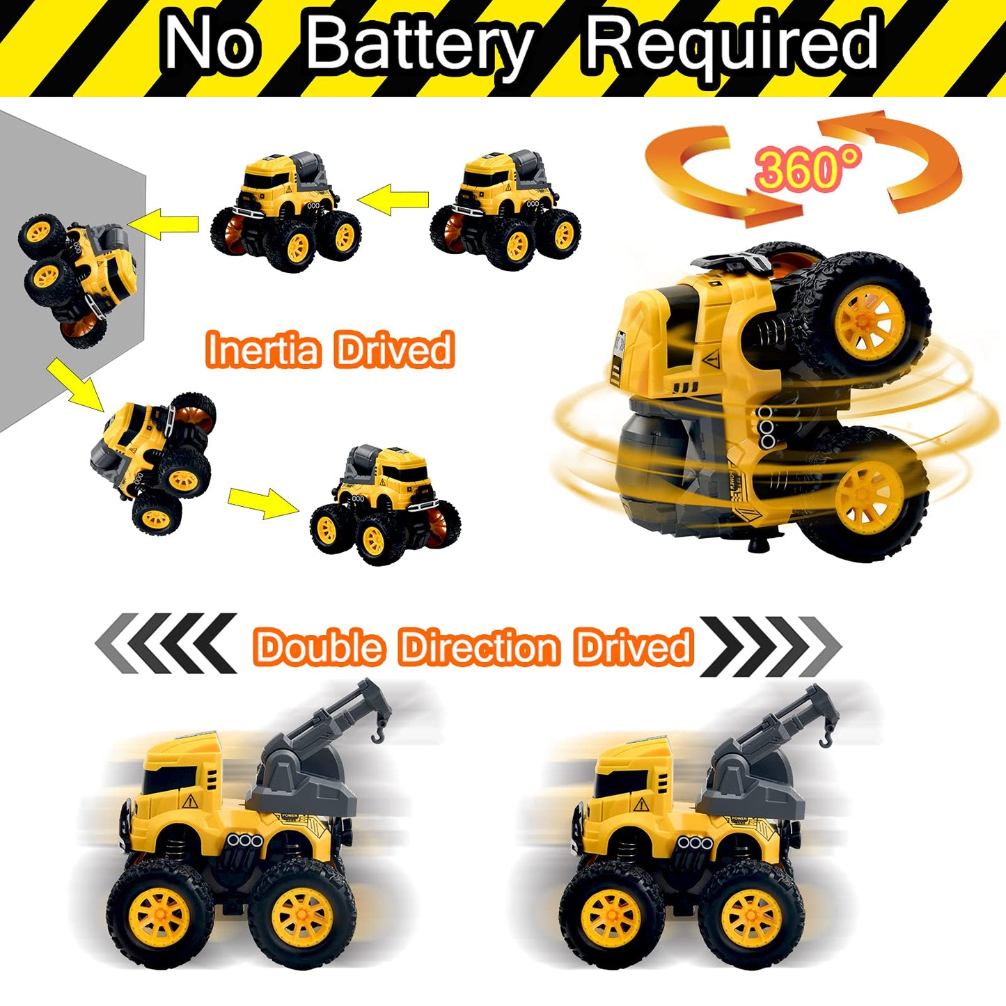 Construction Truck Toys - 4 Pack Excavator, Mixer, Crane, Dump Trucks Push and Go Friction Powered Cars Monster Stunt Vehicles P