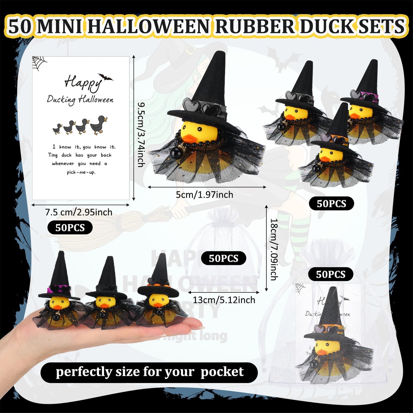 Lunmon 200 Pcs Halloween Party Favors 50 Pcs Halloween Witch Rubber Duck 2 Inch Small Sunglass Duck for Bath Pool 50 Card 50 Org