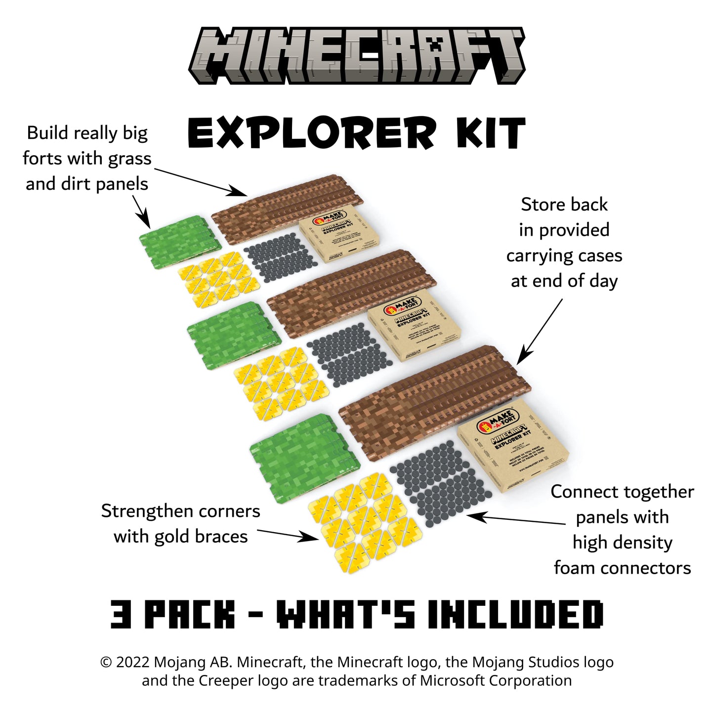 Make-A-Fort Minecraft Explorer Kit - 3 Pack, Durable Cardboard, Brown, Model 104 - Build Forts, Mazes, and Tunnels for Ages 8+
