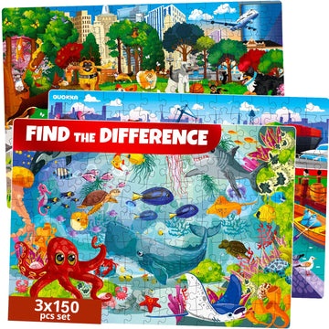 Quokka Floor Puzzles For Kids Ages 8-10 – 3X150 Piece Puzzles For Kids Ages 4-6 – Search & Find Ocean Animal Kid Activities Included For 5-8 Year Old – Toddler Learning Toy Game Gift For Boys & Girls