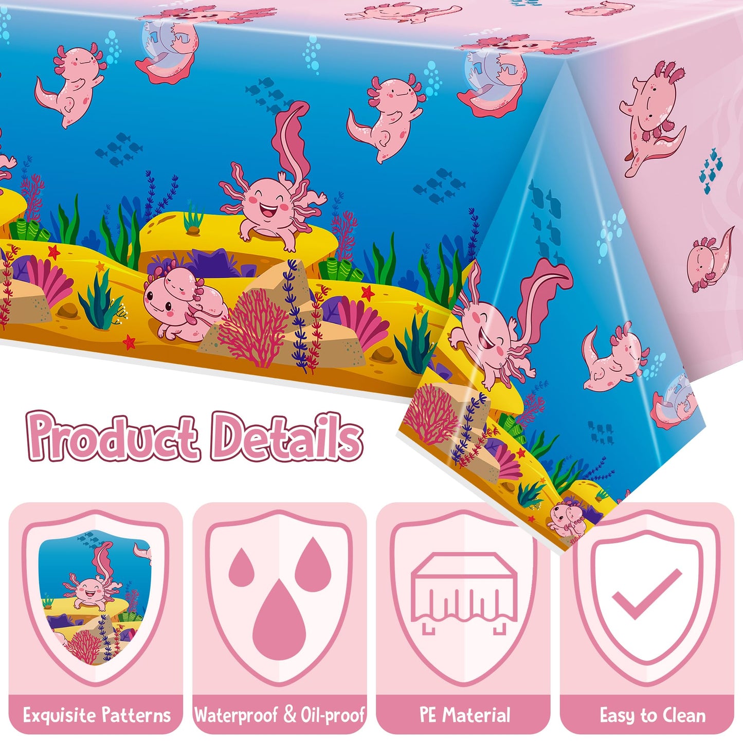Bkeecten 3Pack Pink Cartoon Axolotl Party Table Cover Reptile Animals Waterproof Disposable Tablecover Plastic Rectangle Tablecl