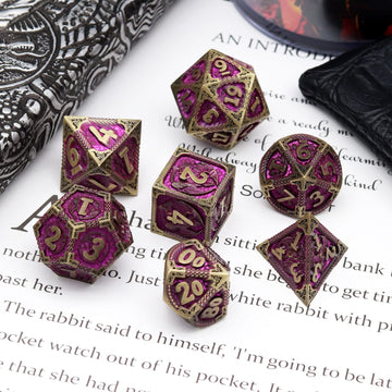 Haxtec Metal Dice Set Purple Black Dragon Pattern Metal DND Dice with Leather Dice Bag Polyhedral D&D Dice for Dungeons and Drag