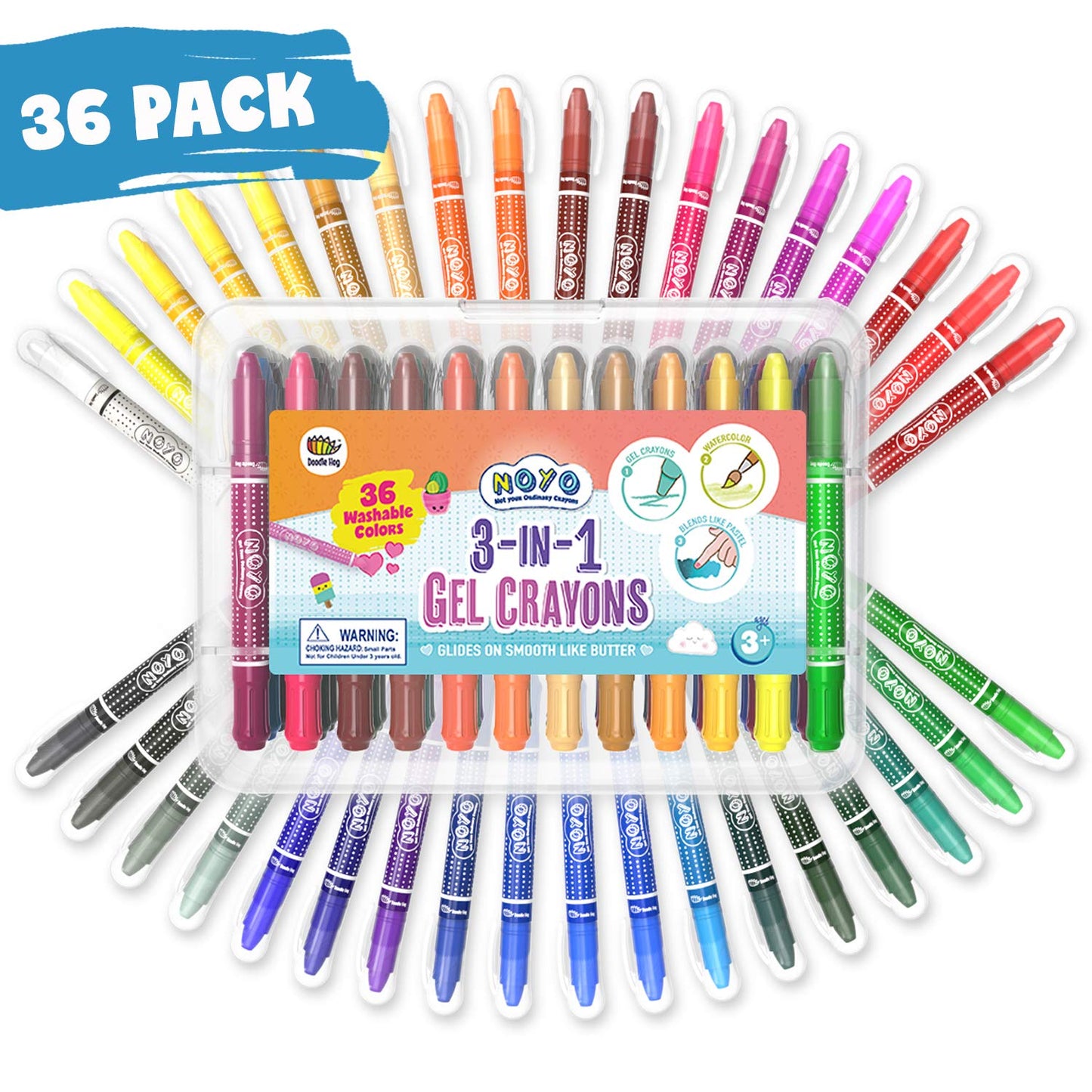 DOODLE HOG Washable Crayons 36 Colors, Kids and Toddler Crayons, Watercolor, Non Toxic, 3 in 1, for Kids Ages 4-8