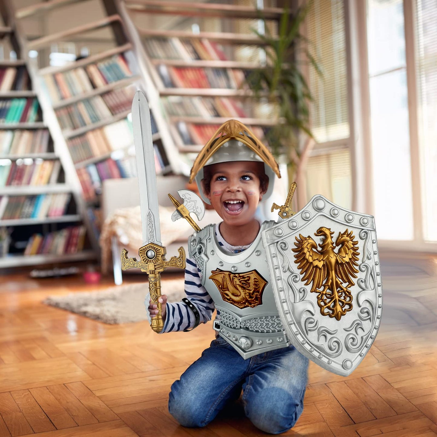 Eurzom 10 Pcs Knight protective covering Set for Kids Medieval Knight Costume with Helmet decorative replica blade Shield  Accessories Halloween Birthday Gifts for Kids Boys Dress up Pretend Role Play