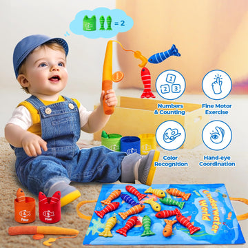 Joycat Fishing Games For Toddlers 1-3, Montessori Toys For 1 Year Old Boy, Color Sorting Sensory, Number Counting,23Pcs Baby Fish Toy Set, Easter Basket Stuffers, Birthday Gifts For 1+ Boys Girls