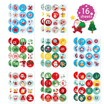 16 Sheets Christmas Advent Calendar Numbers Sticker, 24 Days Christmas Countdown Stickers Christmas Gift Tags Stickers For Envel