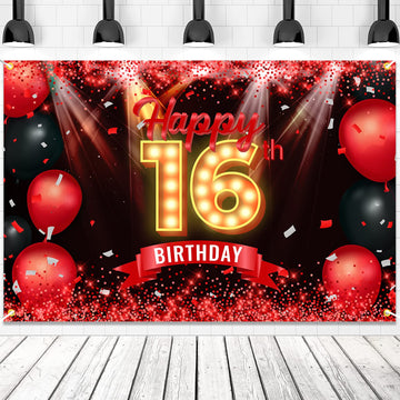 Happy 16Th Birthday Banner Backdrop Red And Black 16 Years Old Background Bday Decorations For Girls Boys Photography Party Supplies Glitter