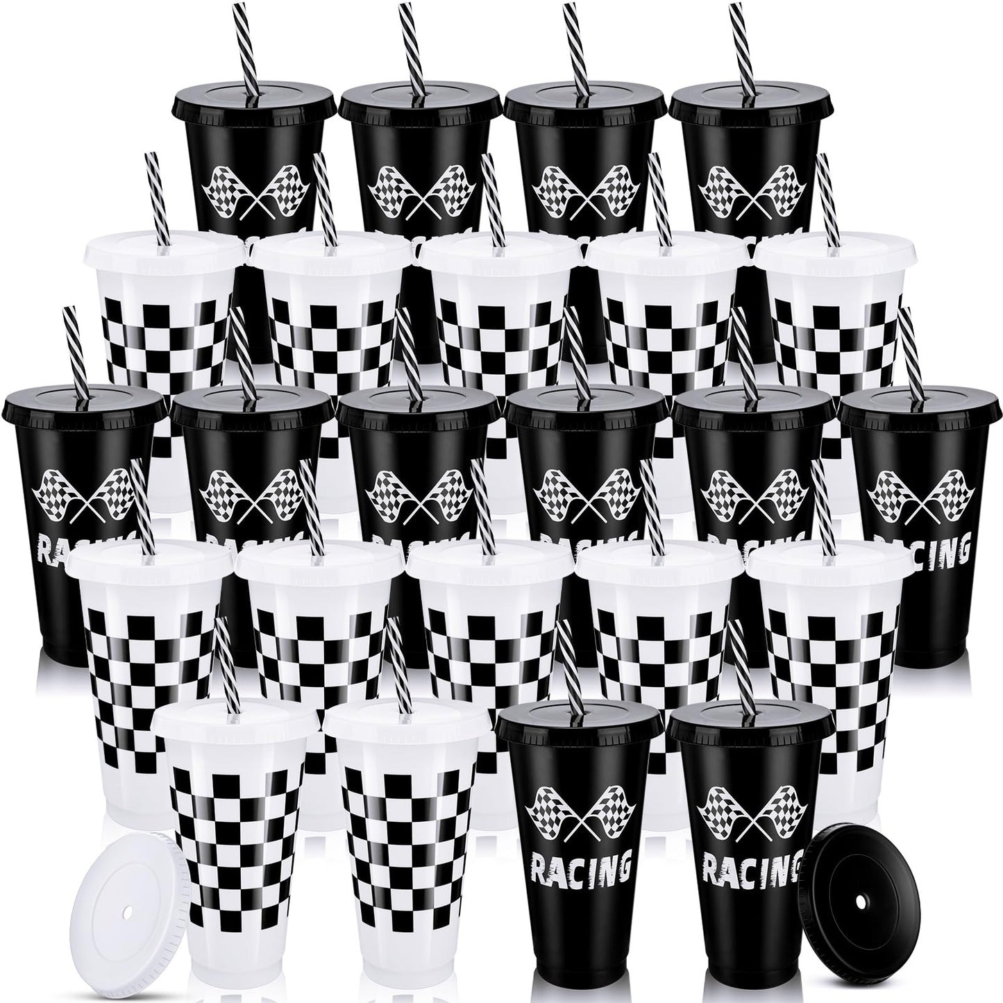Pickmesh 24 Pcs Plastic Cups with Lid and Straw Bulk 24oz Reusable Plastic Tumblers Sports Drinking Cups Decorations Birthday Pa