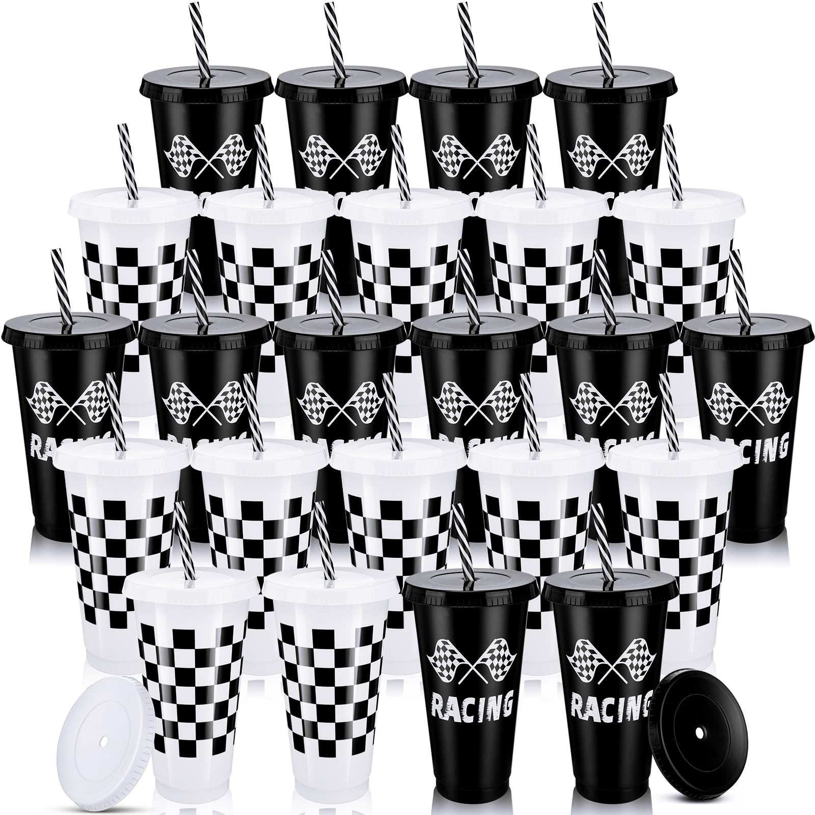 Pickmesh 24 Pcs Plastic Cups with Lid and Straw Bulk 24oz Reusable Plastic Tumblers Sports Drinking Cups Decorations Birthday Pa