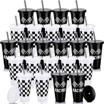 Pickmesh 24 Pcs Plastic Cups with Lid and Straw Bulk 24oz Reusable Plastic Tumblers Sports Drinking Cups Decorations Birthday Pa
