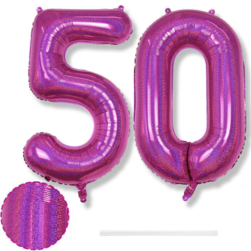 50 Year Old Birthday Balloons, Self Inflating Dark Pink Giant Number 50 Balloons For Women, Laser Hot Pink Iridescent 40 Inch 50