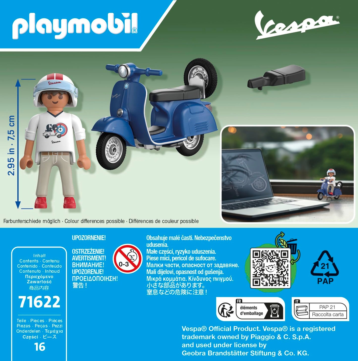 PLAYMOBIL Cars 71622 1969 Vespa 150 Sprint Veloce  Blue  Faithful Model for Collectors and Fans  Includes Versatile Accessories and Detachable Spare Wheel