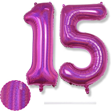 Giant Number 15 Balloons, 40 Inch Laser Hot Pink Foil 15 Balloon Number Men Anniversary Decor, Bright Pink Helium Self Inflating
