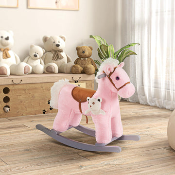 Qaba Kids Plush Ride-On Rocking Horse With Bear Toy, Children Chair With Soft Plush Toy & Fun Realistic Sounds, Pink