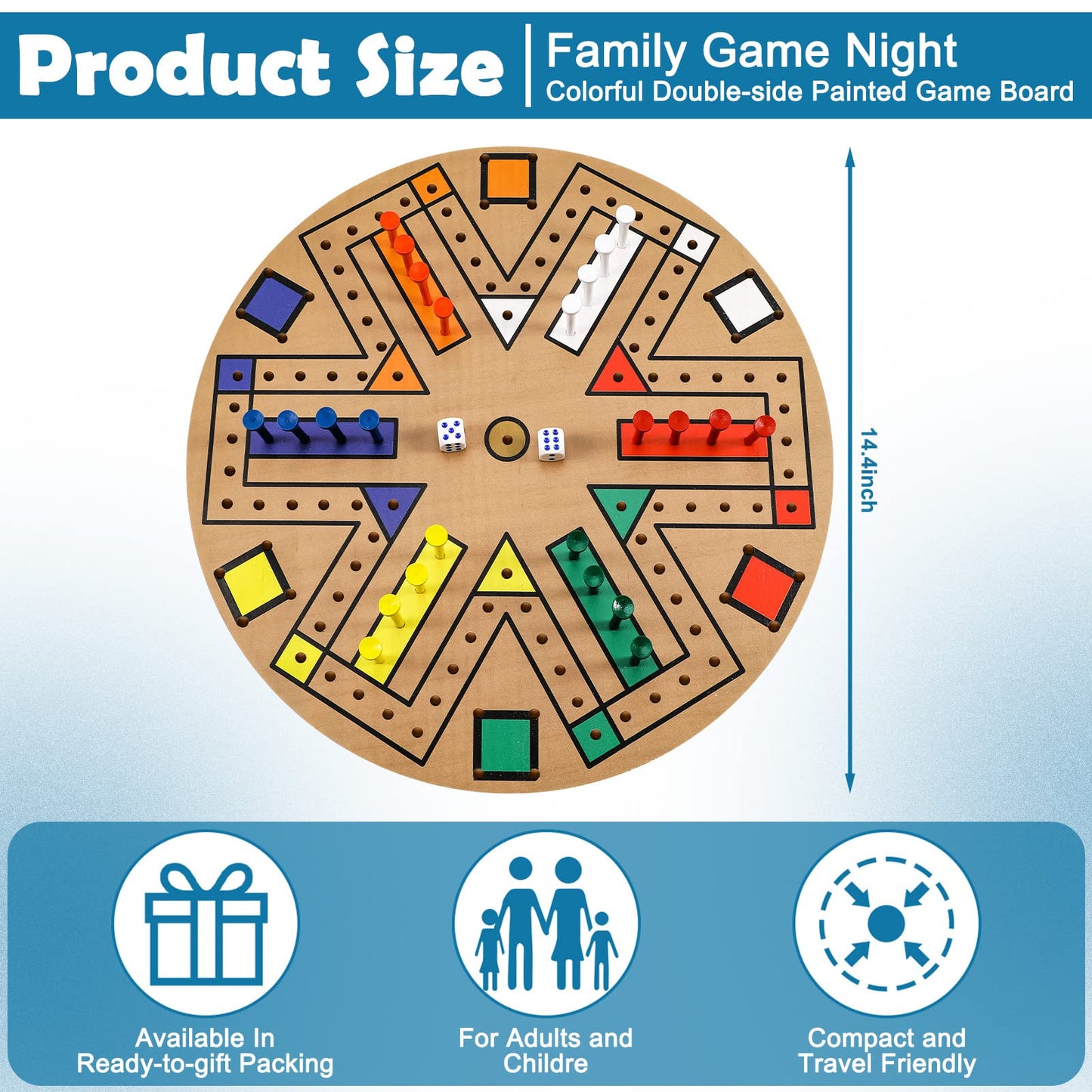 Kathfly Fast Track Board Game Set for 3-6 Players, Wooden, 14.2 Inch, 24 Pieces, 2 Dice, 6 Colors