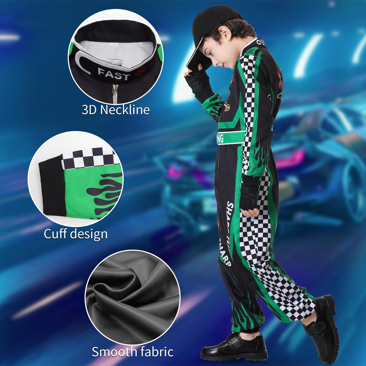 Changchupsem 6PCS Race Car Driver Costume Boys Racing Suit Kids Jumpsuit Set with Cap Medals Glasses Gloves for Halloween