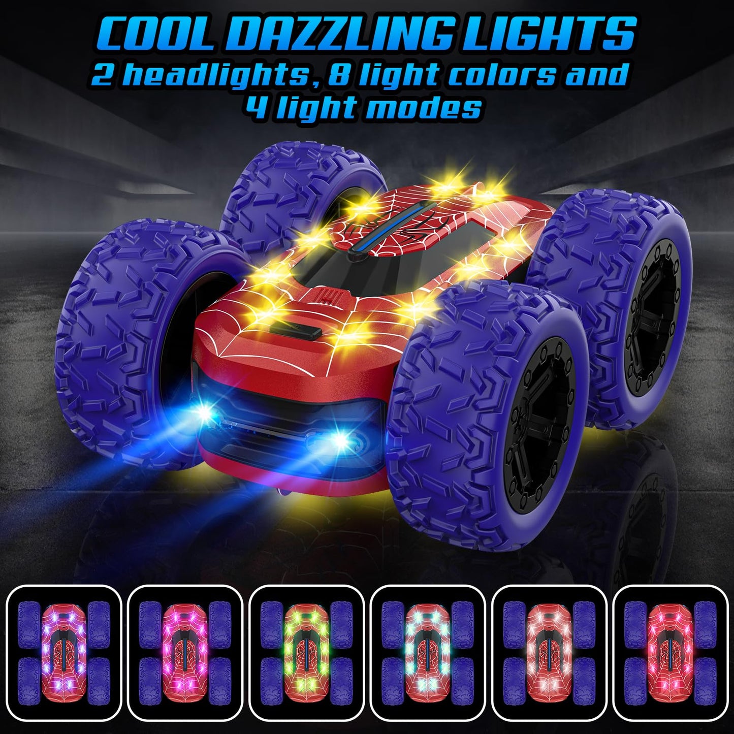 Remote Control Car for Boys, RC Cars for Kids with Colorful LED Lights, 2.4Ghz Double Sided 360 Flips 4WD Stunt Car, Rechargeabl