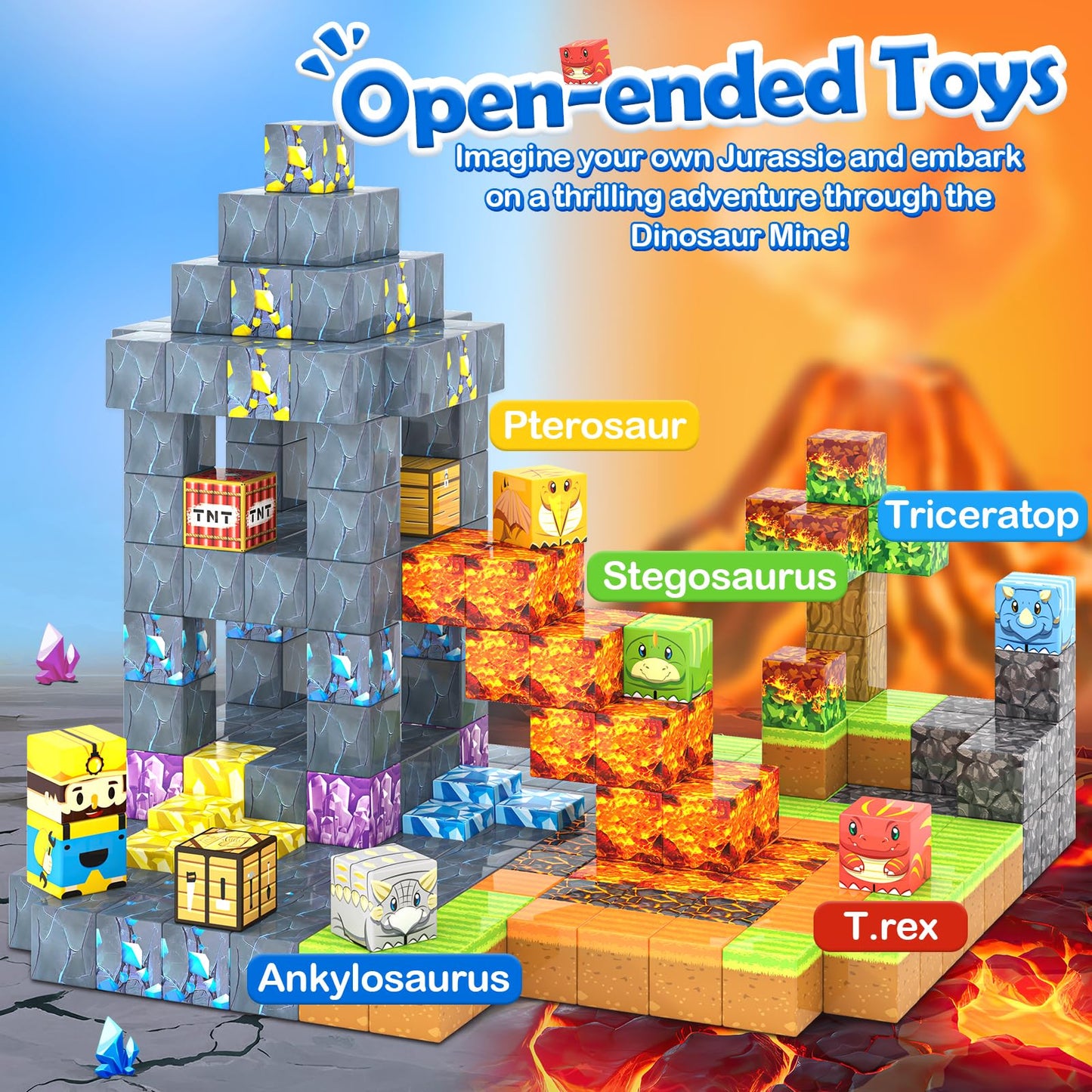 168Pcs Magnetic Blocks-Build Mine Magnet World Dinosaur & Mine Edition, Building Outdoor Sensory Toys For Kids 3-5, Stem Jurassi