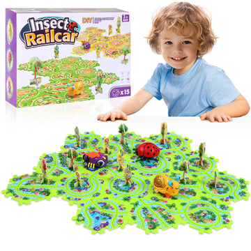 15Pcs Puzzle Racer Kids Car Track Set For Kids, Race Tracks For Toddlers Ages 3-8, Puzzle Track Car Play Set, Educational Puzzle