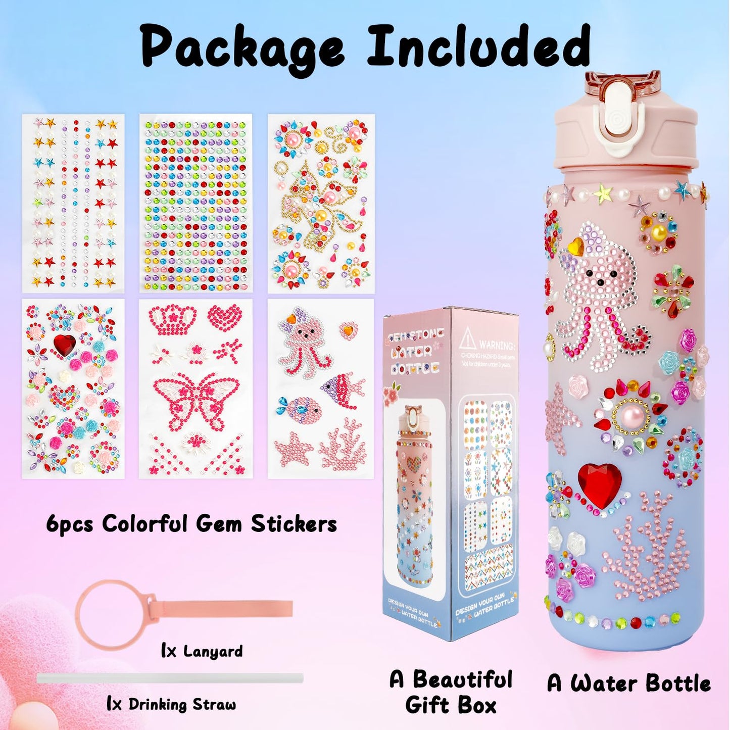 Valentines Day Gifts for Girls Decorate Your Own Water Bottle Kits for Girls 4-12 Girls Water Bottle Gem Stickers DIY Arts and C