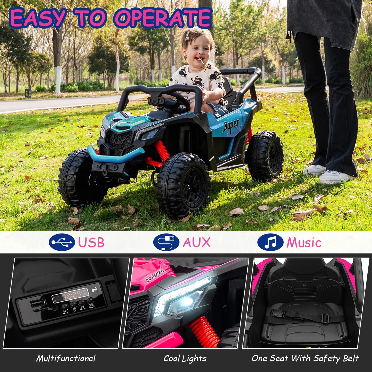 Run Fast 12v Ride on Car with Parent Remote Control Electric Ride on Toys Car for Kids 3-5 2WD 25W Motors 4 Spring Suspension Safety Belt Horn Music and LED Lights(Blue  12V)