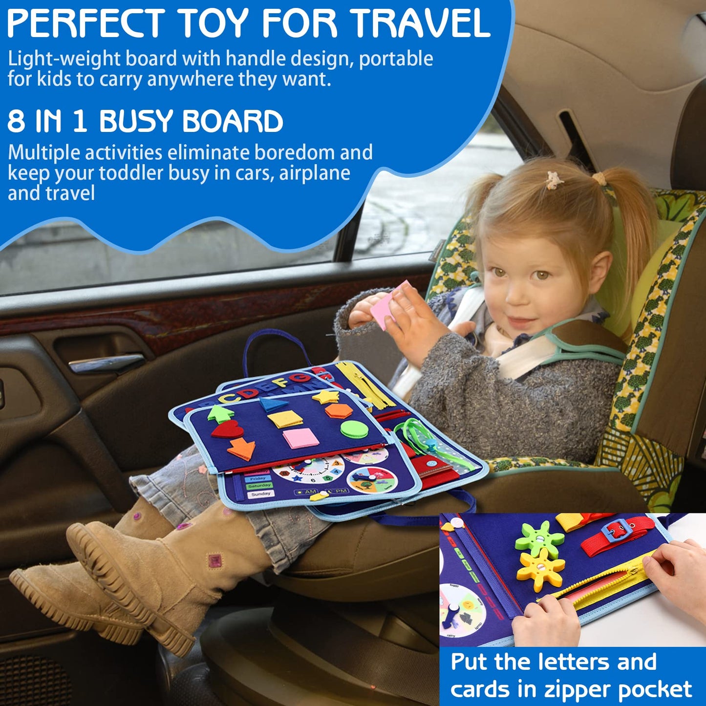 Esjay Toddler Busy Board - Montessori Sensory Toy for Fine Motor Skills, Medium, Blue Dinosaur, Travel-Friendly for Airplane and Car