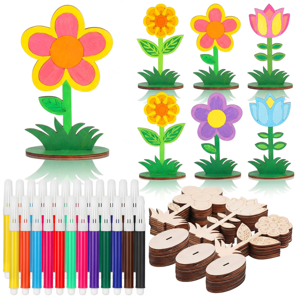Chivertion 54 Pcs Diy Wooden Flowers Painting Craft Kit Spring Crafts 30 Paint Your Own Wood Flowers Cutout Slices With 24 Color