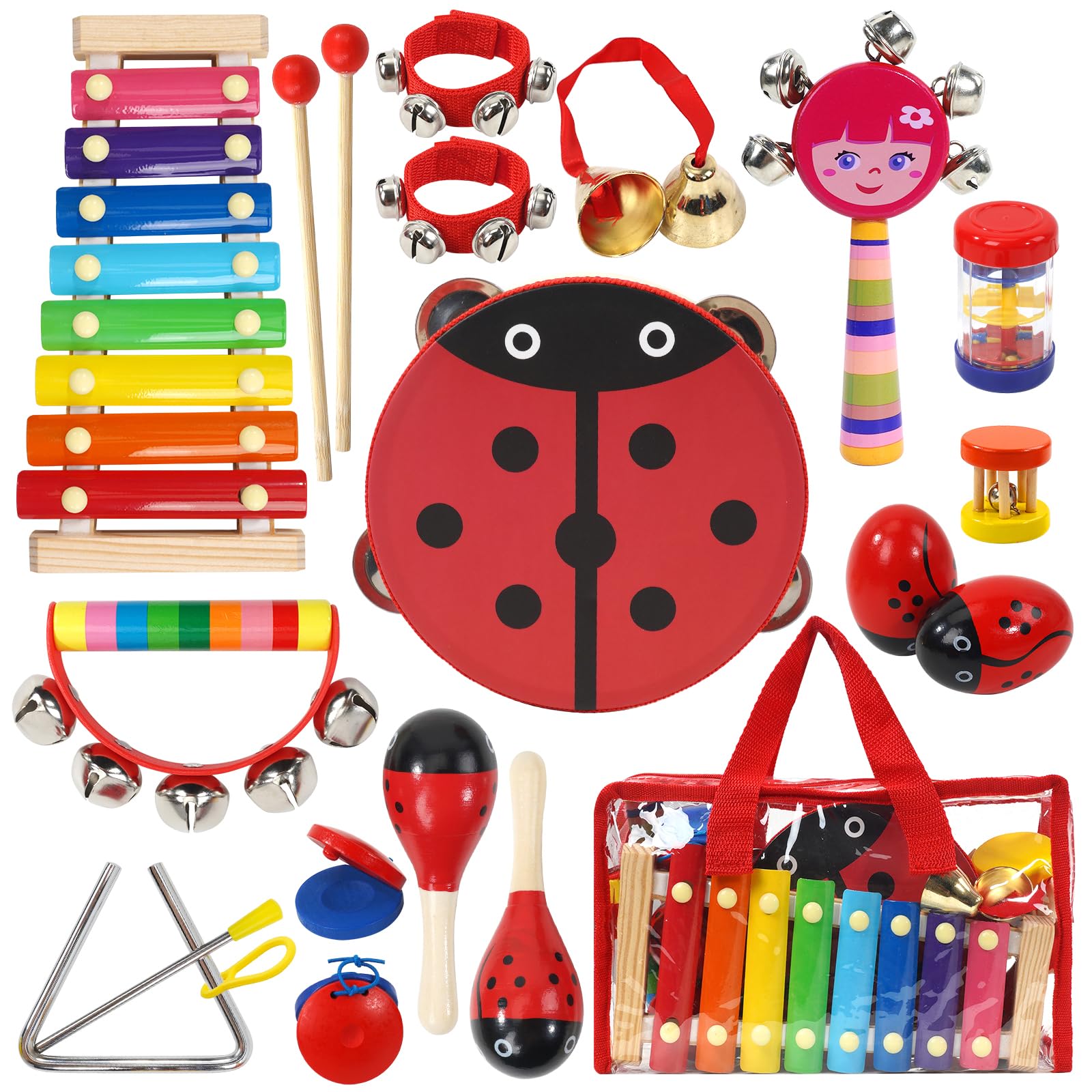 Raimy Kids Musical Instruments Set - Wooden Percussion Instruments Toy For Toddler Baby, Preschool Educational Music Toys For Boys And Girls With Carrying Bag (Red)