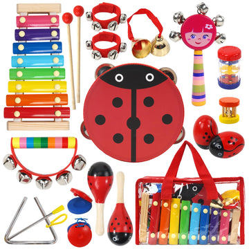 Raimy Kids Musical Instruments Set - Wooden Percussion Instruments Toy For Toddler Baby, Preschool Educational Music Toys For Boys And Girls With Carrying Bag (Red)