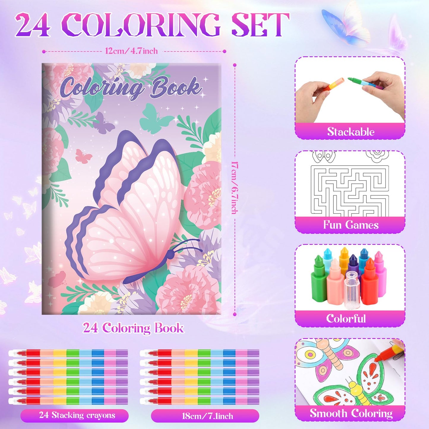 BenLouis 24 Butterfly Mini Coloring Books Kids with 24 Stacking Crayons Butterfly Theme Party Favors Activity Books Bulk for Kid