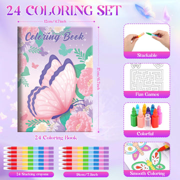 BenLouis 24 Butterfly Mini Coloring Books Kids with 24 Stacking Crayons Butterfly Theme Party Favors Activity Books Bulk for Kid