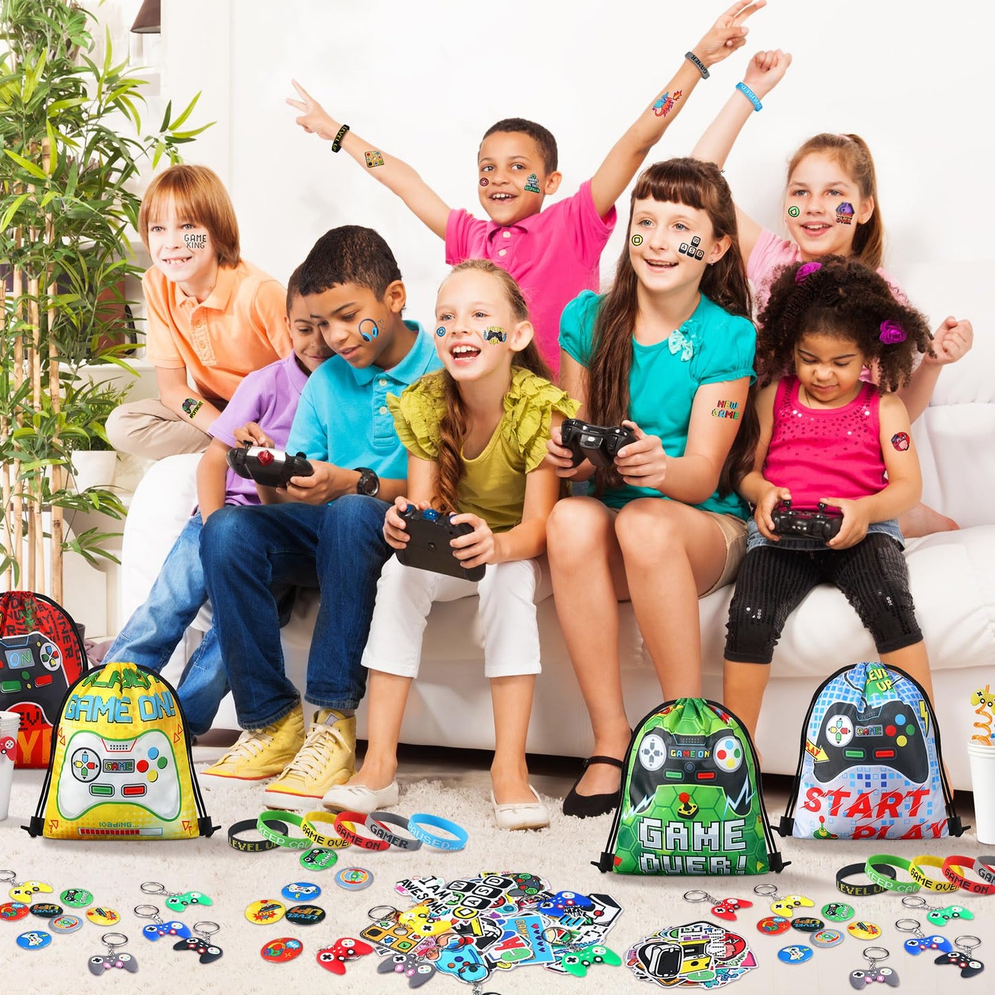 Sadnyy 140 Pcs Video Game Party Favors Birthday Party Decorations Supplies Drawstring Bags with Silicone Bracelets Keychains Str