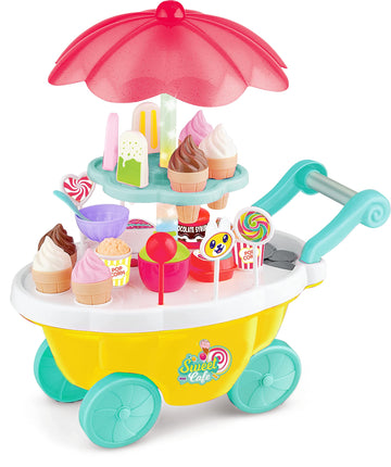 Kingdom of Play Ice Cream & Candy Cart  Pretend Play Dessert Trolley Set for Kids | Colorful Roleplay Kitchen Toy with Sweets, 