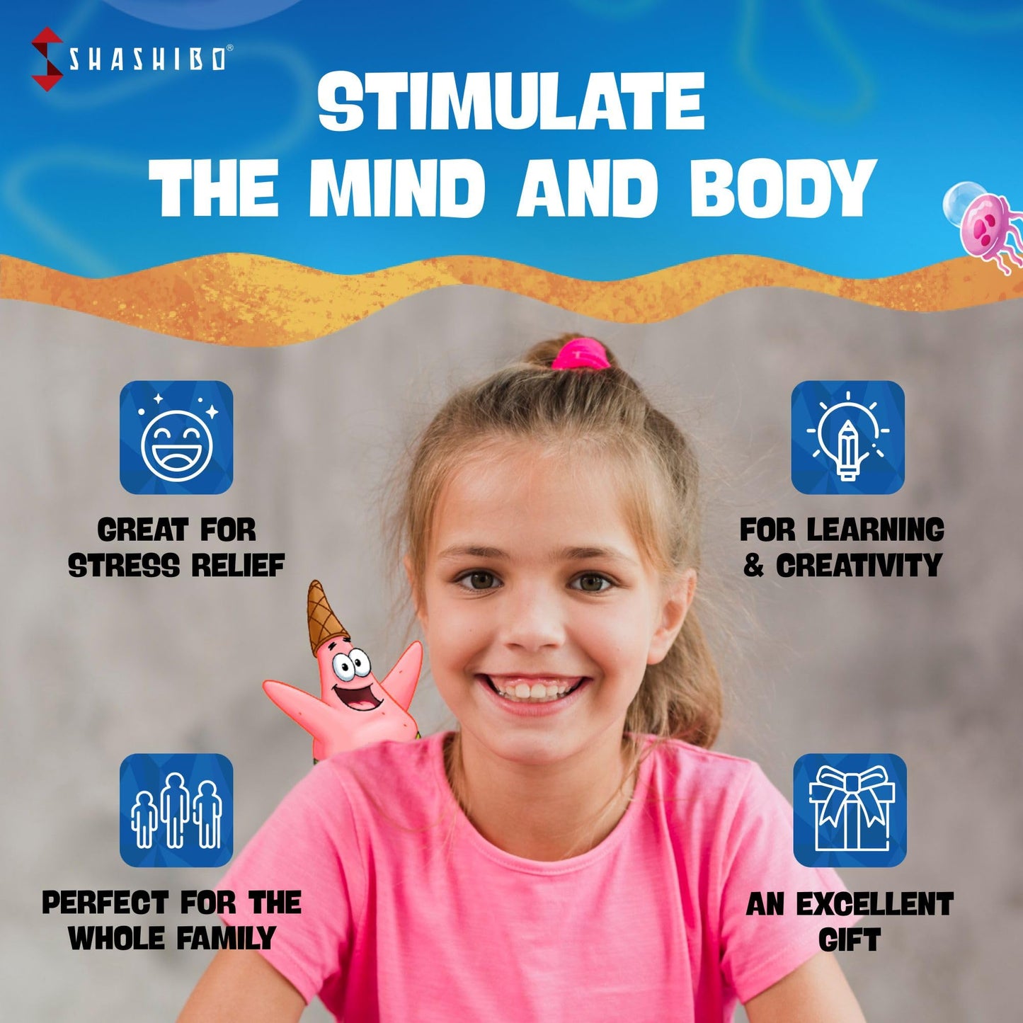Shashibo Spongebob Shape Shifting Box - Magnetic Puzzle Cube, 36 Rare Earth Magnets, Beach Buddies Model