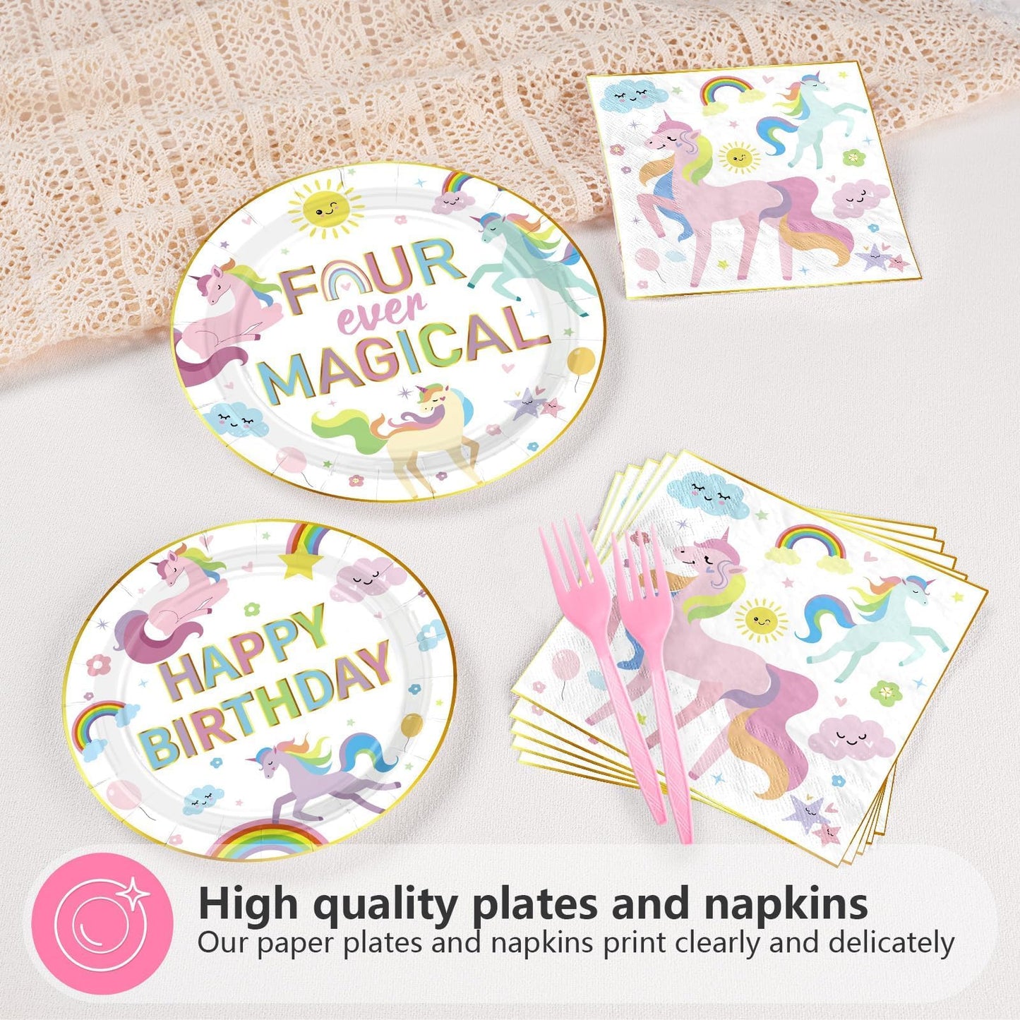 Grencian 96Pcs Unicorn 4th Birthday Party Supplies Magical Pastel Rainbow Unicorn Plates and Napkins Disposable Unicorn Party De