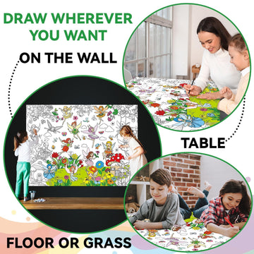 Naozinebi Summer Fairy Garden Coloring Poster For Kids Giant Coloring Poster Large Fairy Party Flower Coloring Tablecloth Jumbo
